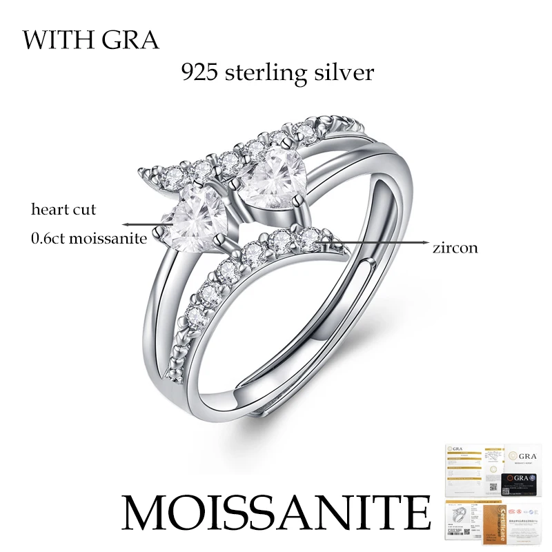 TBCYD Heart-Cut Moissanite Rings for Women Silver rings 925 Sparkling white Gold 18k with Certificate Adjustable Valentines Gift