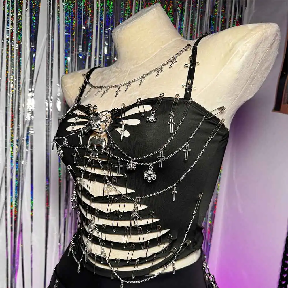 Harajuku Goth Emo 90s Skull Punk Rock Grunge Y2K Halter Camisole TOPS E-Girls Street Wear Chian Pin Fashion Revival Cross Fairy