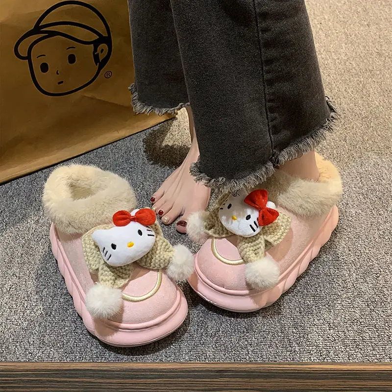 Kawaii Hellokitty Snows Boots Woman Winter New Kawaii Kt Thick Sole Plush Keep Warm Comfortable Short Barrel Cotton Shoes Gift