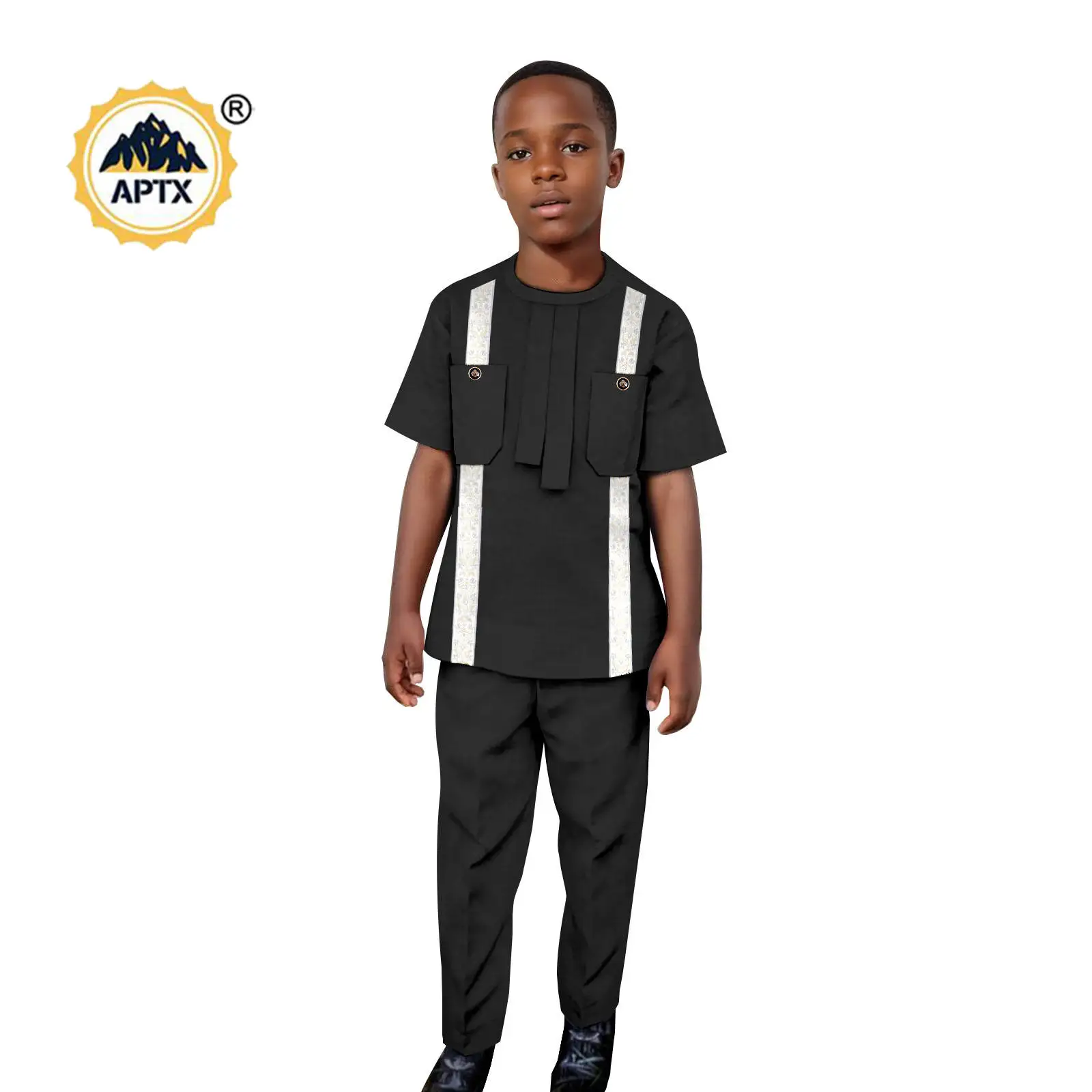 African Clothes for Children Boy Patchwork Appliques Top Shirt and Pant Sets Bazin Riche Fashion Kid Outwear Outfits 2446058