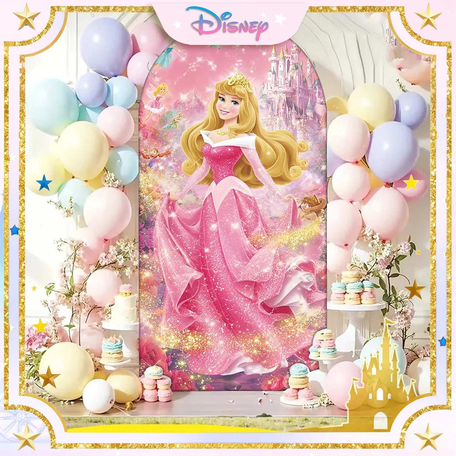 

Disney Pink Balloon Arch + Princess-Themed Backdrop, Children's Birthday Party Backdrop