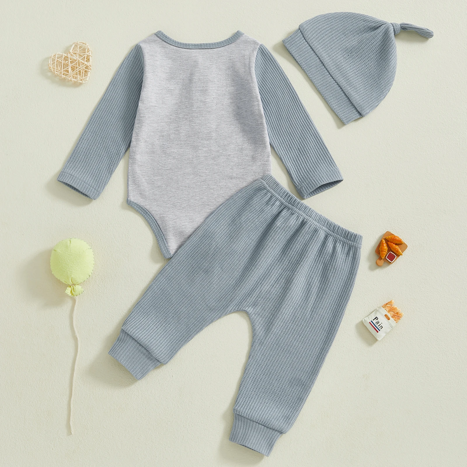 Baby Boy Outfits Contrast Color Long Sleeve Romper with Waffle Solid Pants Hat 3 Pcs Set