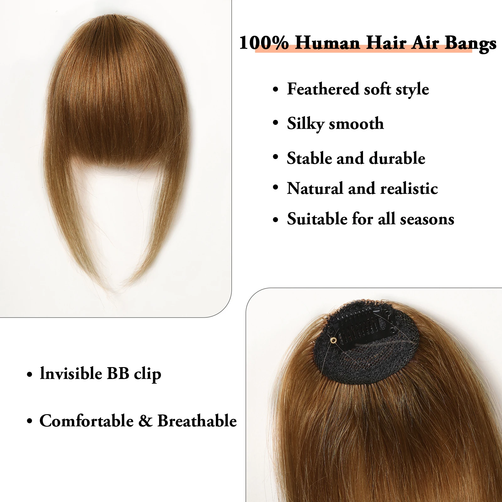 Hair Clip in Bangs 100% Human Hair Extention Honey Brown Fake Bangs Bangs Fringe with Temples for Women Daily image 3