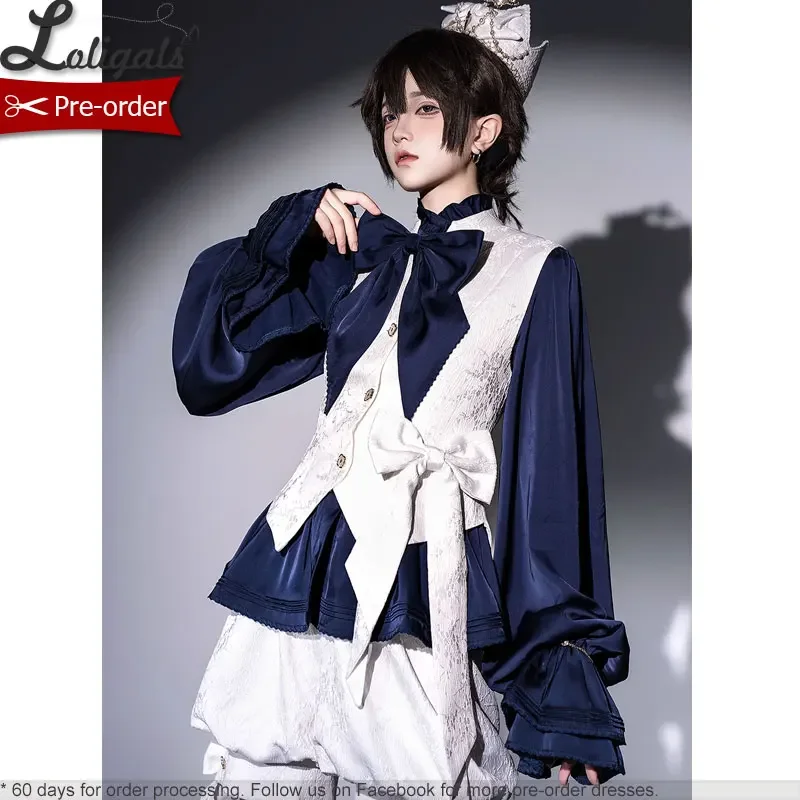 

Ouji Lolita Shirt Royal Blue Long Sleeve Shirt Ruffled Collar Peplum Blouse by Princess Chronicles ~ Rabbit Run