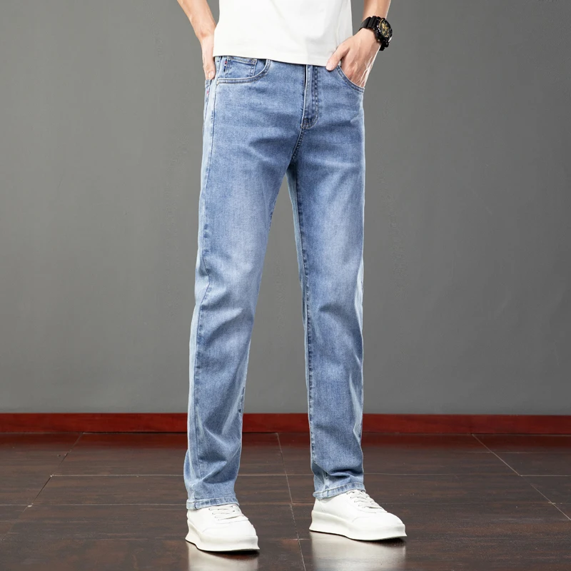 Spring Summer Thin Slim Fit Jeans Mens Elastic Straight Casual Business Denim Pants Washed Classic Brand Clothing Men Trousers