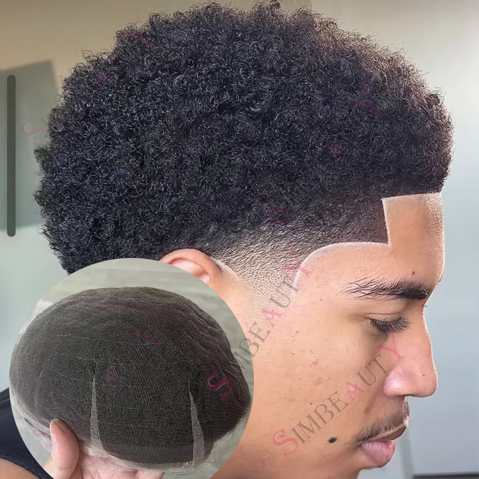 

Мужской парик-накладка из 100% натуральных человеческих волос, полностью кружевной, 4-6 мм, афро- кудрявый, черный, прочный, для замещения волос, для мужчин с облысением, в американском африканском стиле