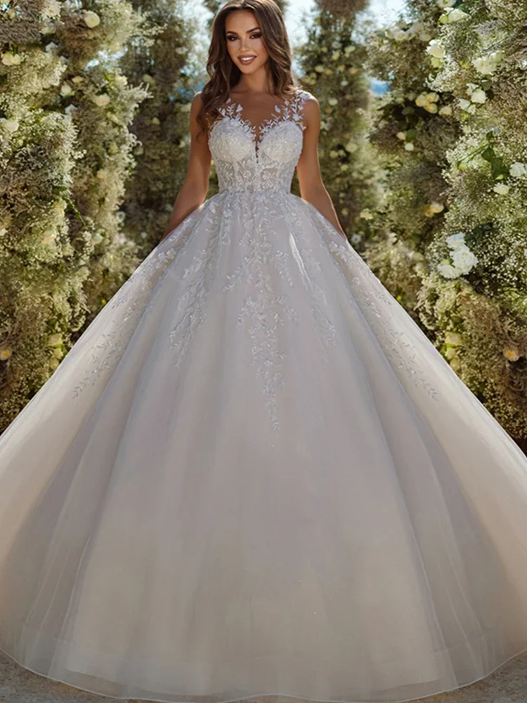 Элегантное свадебное платье с вышитым кружевом на сетке и бальное платье без рукавов с вырезом для свадебного платья на пуговицах Vestido De Casamento по индивидуальному заказу