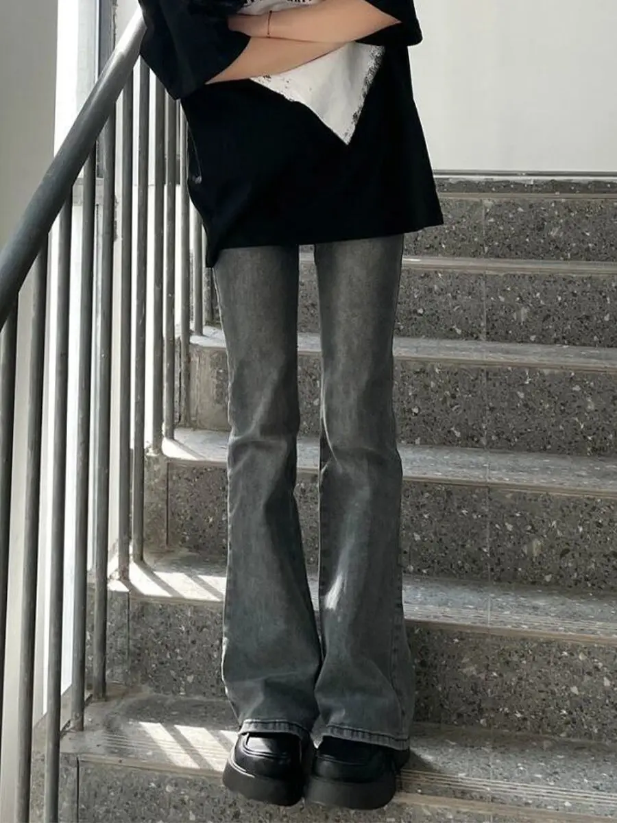 ハイウエストフレアストレートレッグジーンズ女性のプラスサイズ香港スレ秋の新しいハイストリートスリミングフロアレングスパンツ