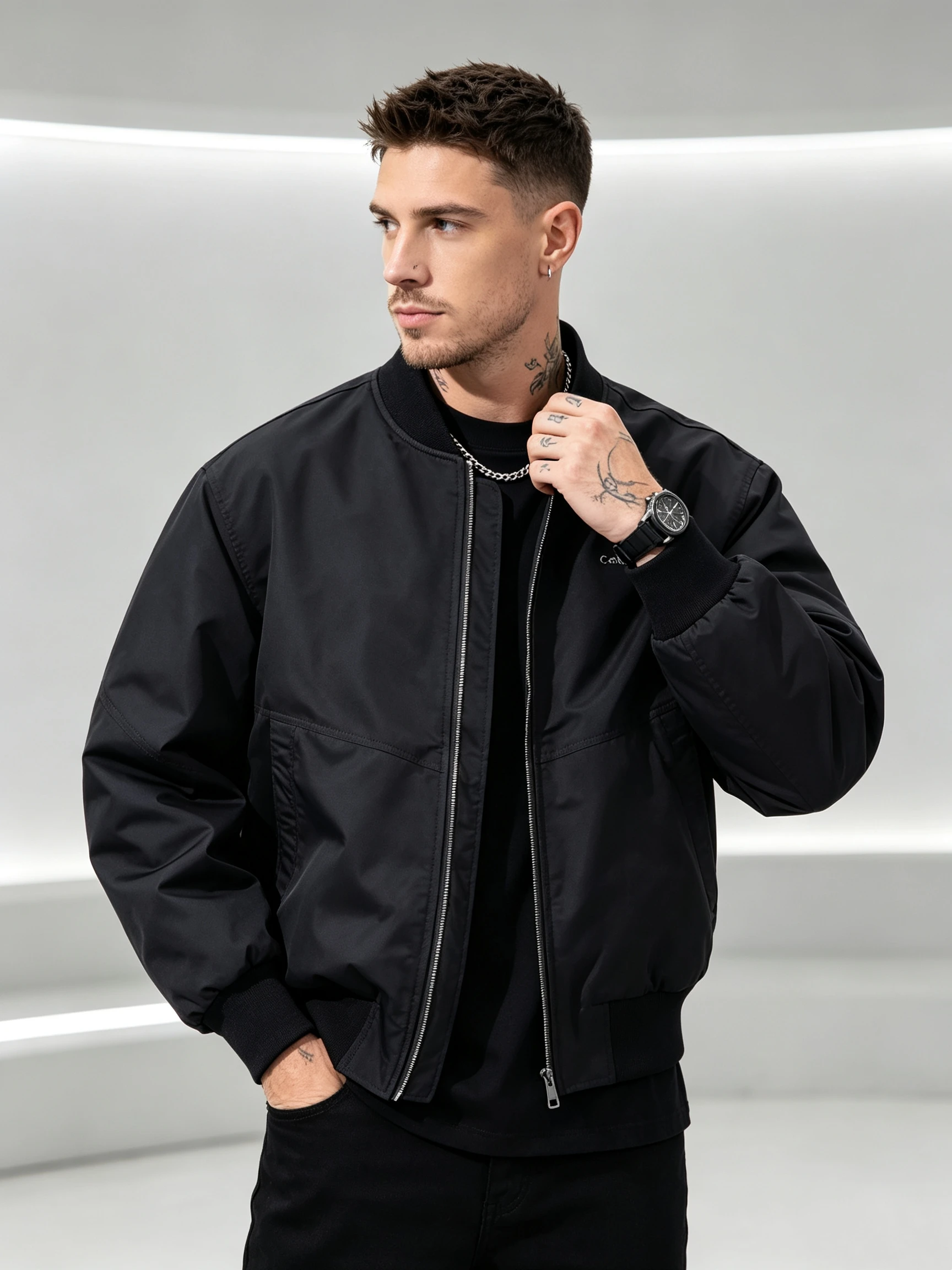 Men's Classic Bomber Jacket Rib Collar Full Zip Windproof Casual Black Pilot Coat With Embroidery