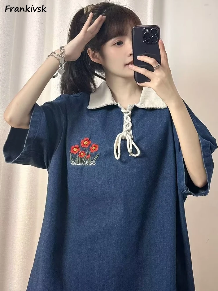 Women T-shirts Summer Floral Lapel Retro Baggy Comfortable American Style Embroidery Advanced Denim Stylish All-match Aesthetic