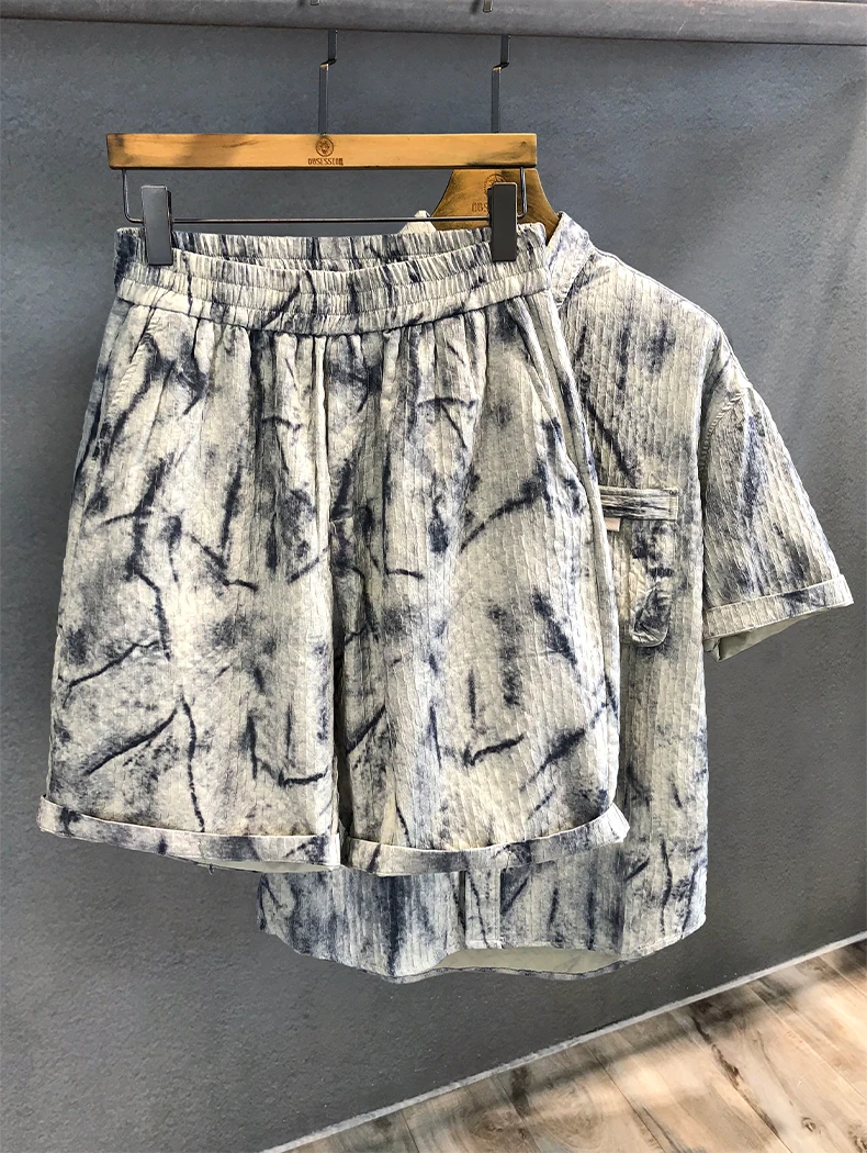 2025 Summer New Korean Style Ice Silk Thin Casual Shirt Set Washed Vintage Fashion Shorts Set