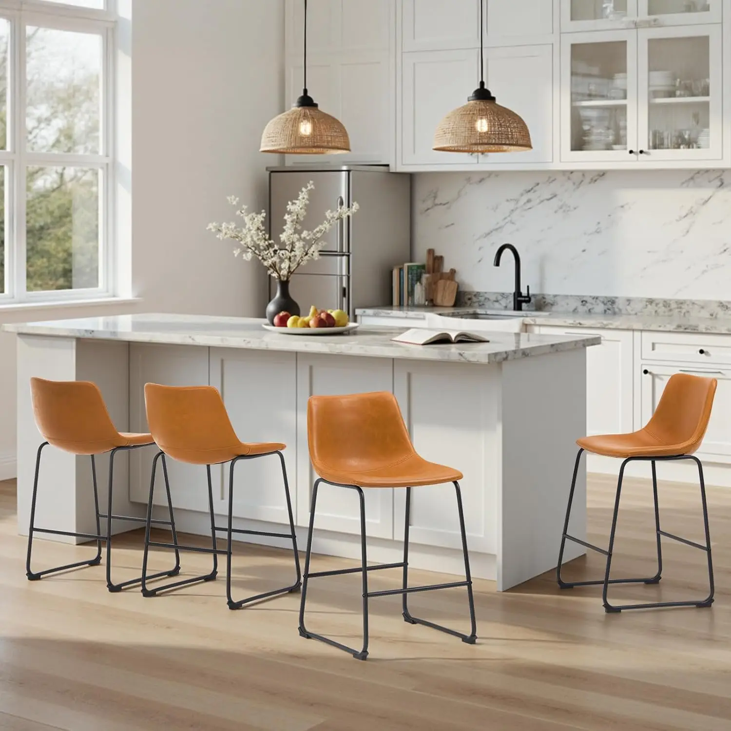 26 Inch Bar Stools Set of 4, Modern Crazy Horse Leather Counter Stools with Back, Whiskey Brown