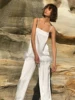 Pyjamas en satin avec plumes, ensembles de vêtements de nuit pour femmes avec pantalon, débardeur noir à fines bretelles, tailleur pantalon blanc 2022