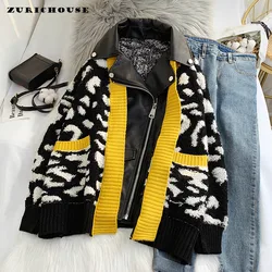 ZURICHOUSE Leopard Print Jacket Women Patchwork Knit Lambswool Coat Fake Two-piece Streetwear Oversized Zipper Leather Outerwear