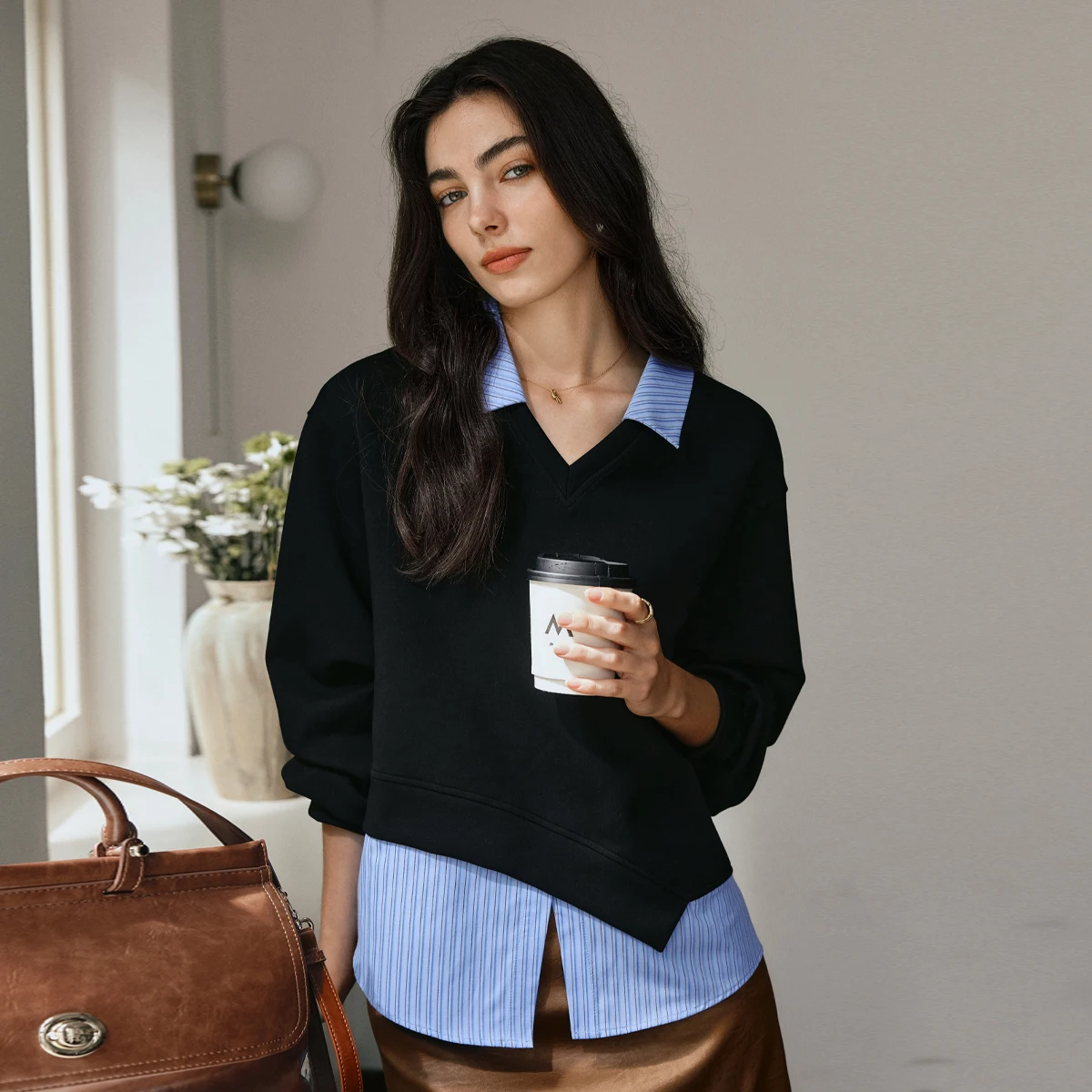 OLrain Fake Two-piece Sweatshirts for Woman Autumn 2025 New Irregular Tops Turn-down Collar Knitted Pullovers Female O57QR000836