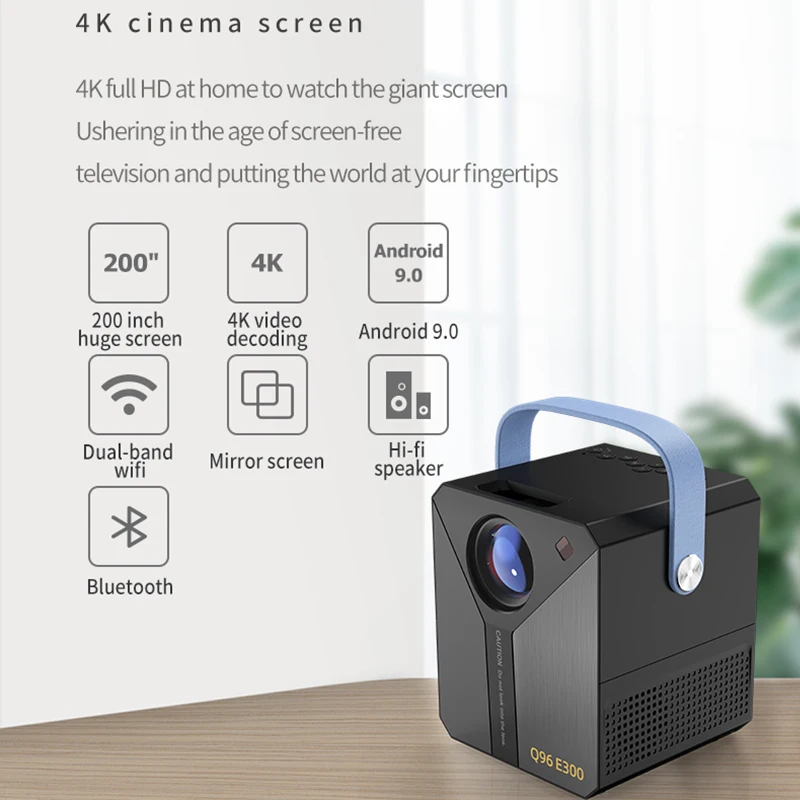 Q96 E300 4K Projector Android 9.0 5G WiFi 120 ANSI 1080P Portable Outdoor Projector HI-FI Speaker Mirror Screen