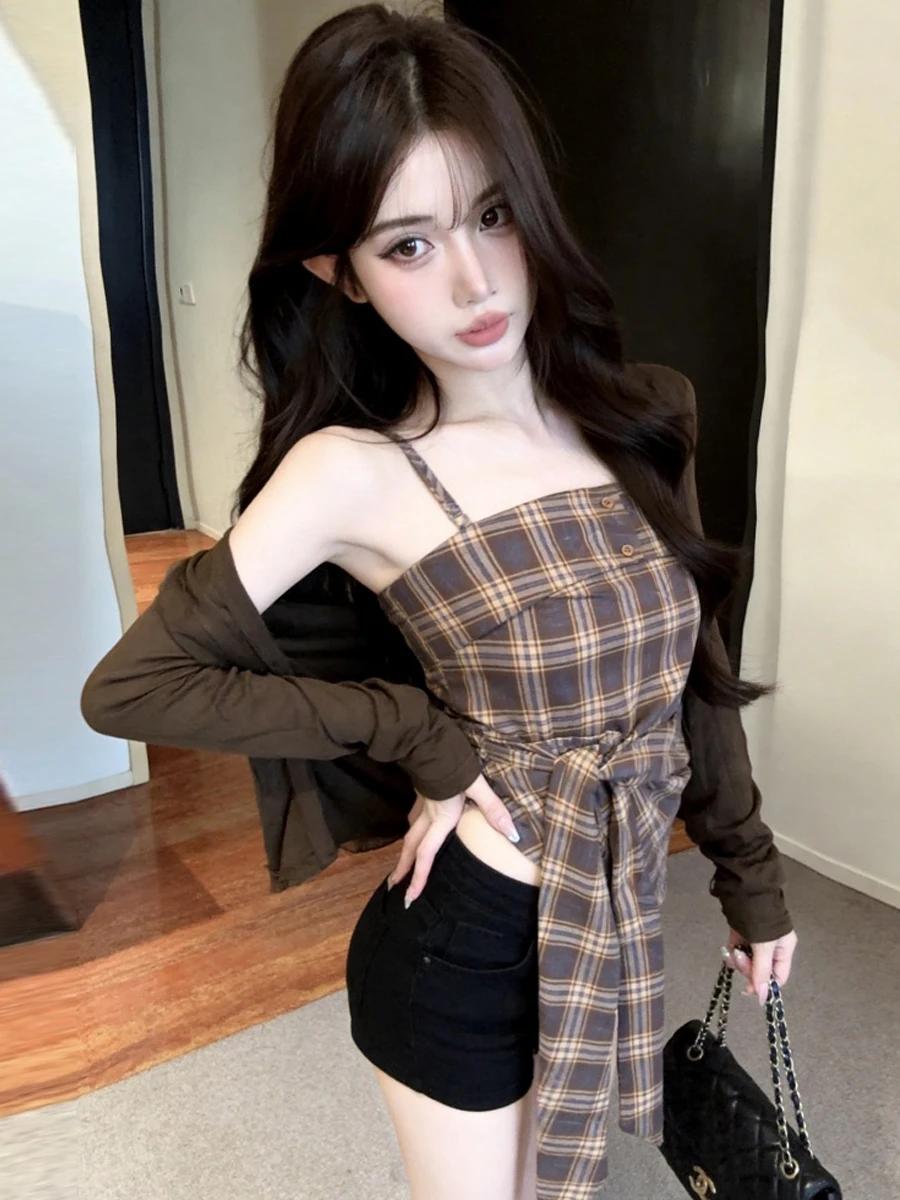 Retro Plaid Belted Off-Shoulder Long Sleeve Casual Two-Piece Set High Waist Polyester Fiber Blend Autumn Wear for Women