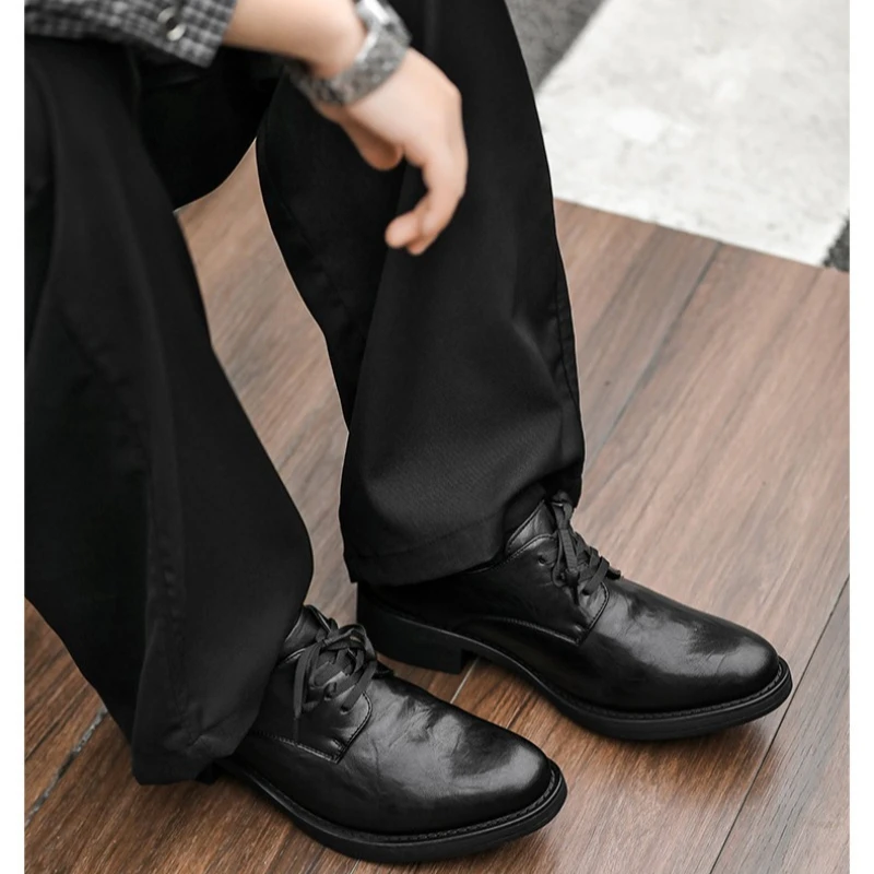Derby Shoes Mens Pointed Toe Thick Sole Height Increasing Lace Up PU Leather Black Office Business Casual Clean Fit Formal Shoes