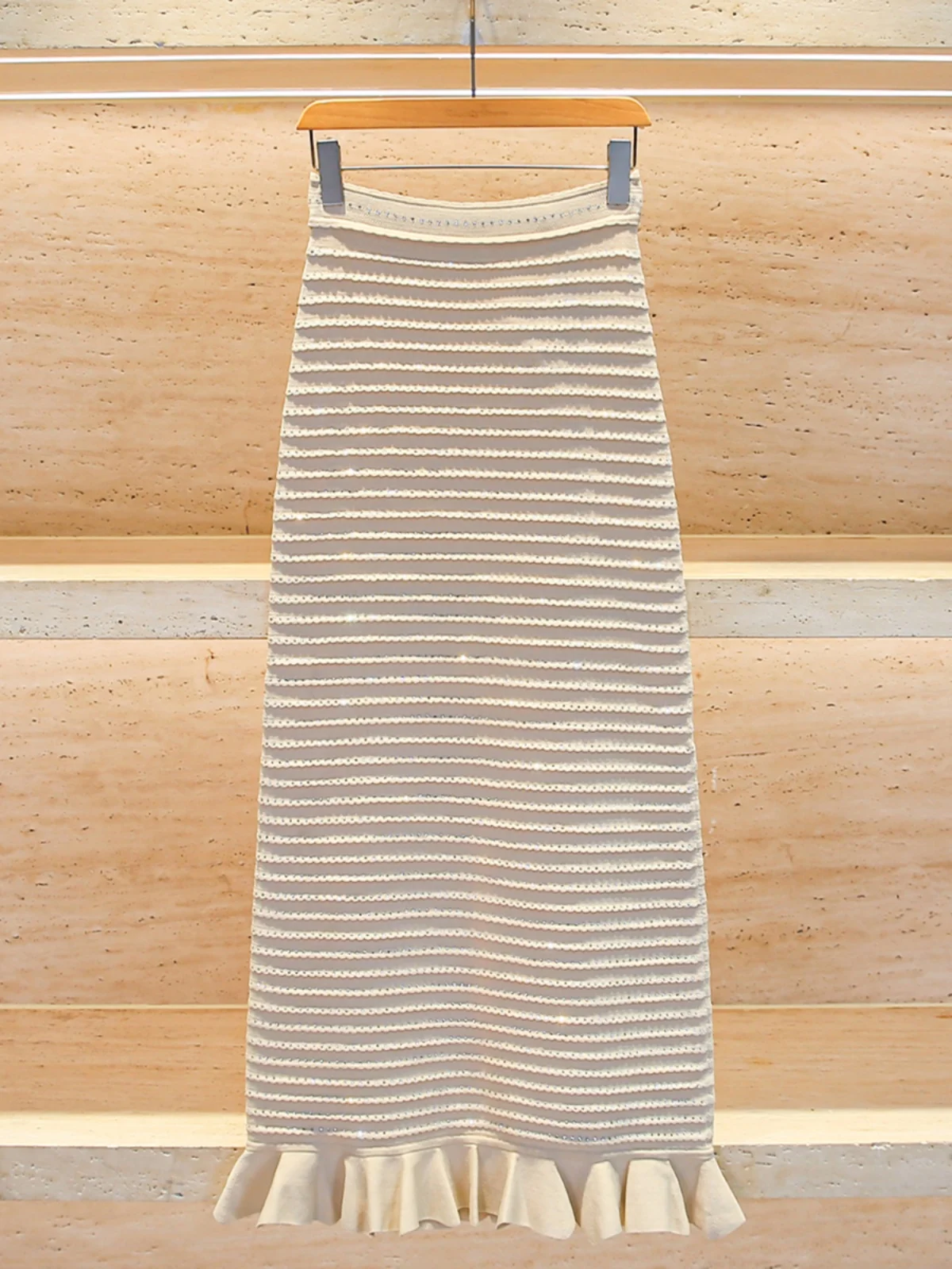 

High Waist Knitted f Skirt for Women Ele Simple Sle with Rhinestone Fi Tail Design Polyester Fiber Long A-Line Skirt