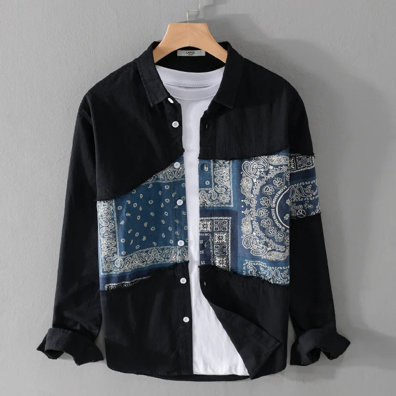 Casual Style Long Sleeve Men's Shirt Youth Fashion Splicing Spring Autumn Trendy Top Male Loose Fit Printed No Iron Treatment