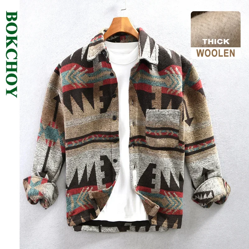 Autumn Winter New Vintage Printed Woolen Shirts for Men Clothing  Loose Casual Streetwear Oversize Mens Shirts AZ955