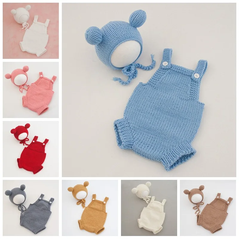 Infant Baby Boys Girls Knitted Jumpsuit+Hat Solid Color Newborn Baby Knitted Bodysuits 0-3M Children Photography Clothing