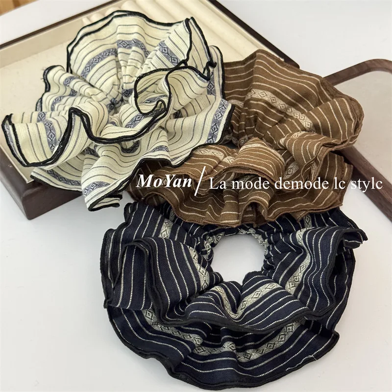 Oversized Double-layer Striped White Navy Scrunchies College Girls Elegant Hair Ropes Ties Luxury Hair Bands Headwear 15cm Gum