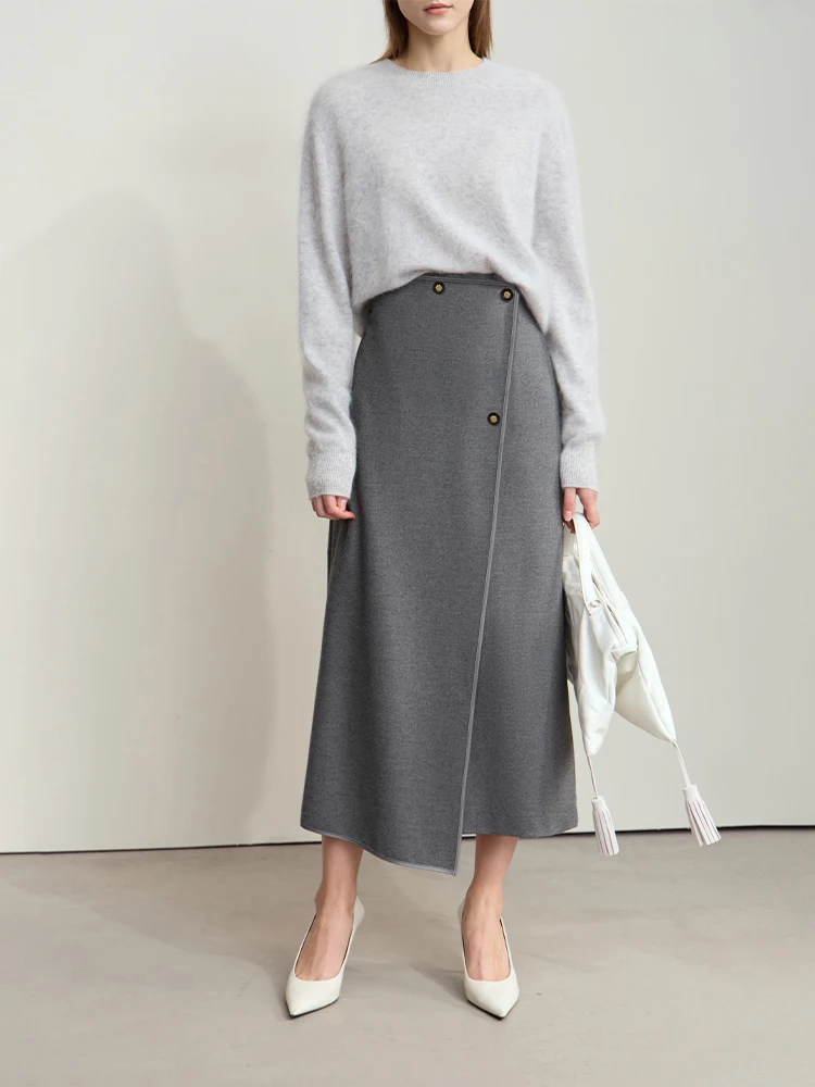 AMII Minimalist Double-sided Woolen Skirt For Women Elegant Commuter Skew Piece Slit High Waist 2025 Winter Midi Skirt 12444072