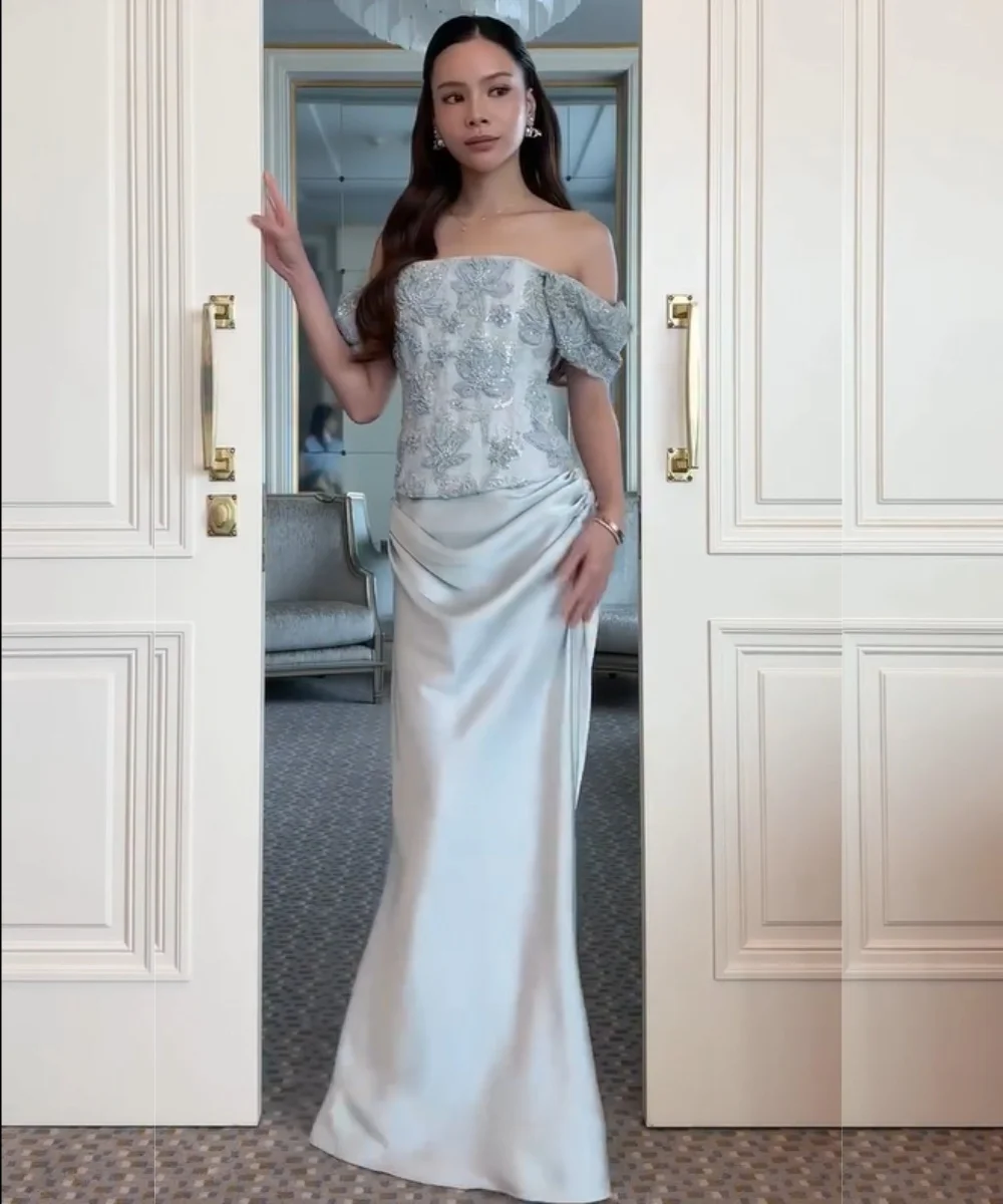 Customized Elegant Charmeuse Pleat Sequined Pattern Mermaid Off-the-shoulder Long Bespoke Occasion Party Dresses