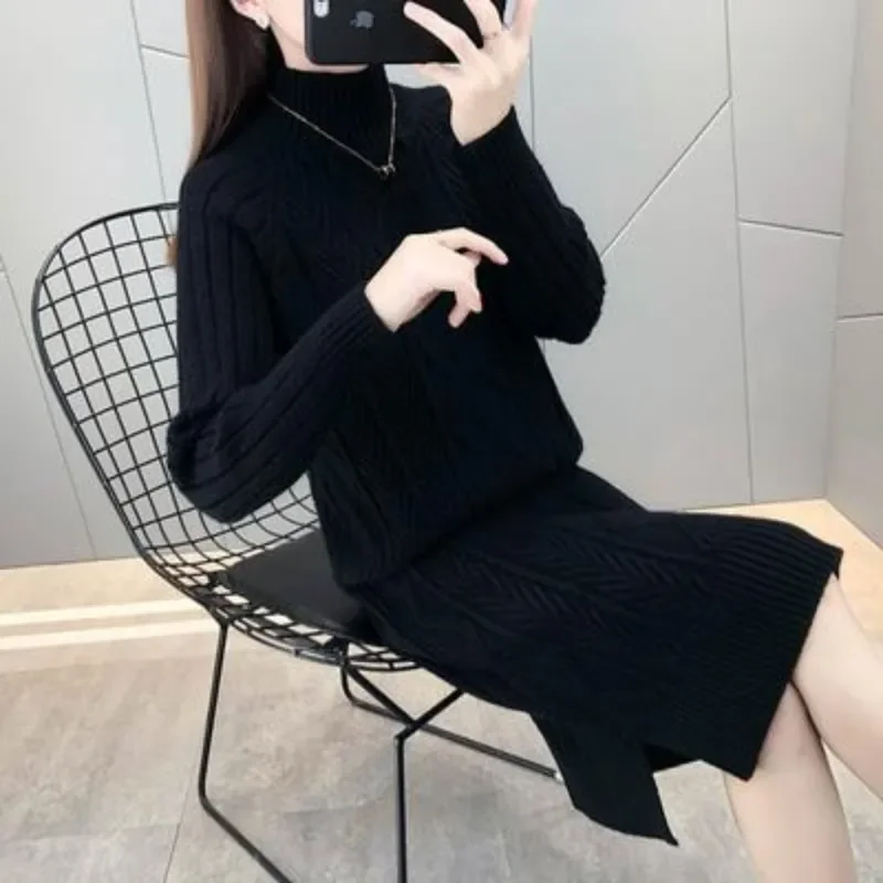 Chic Long Pullover Sweater Dress Women's Outer Wear 2024 Autumn Winter New Inner Sweater Mid-Length Loose Warm Base Shirt Skirt