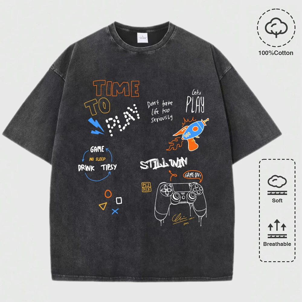 

Time To Play Game Design Male Washed T Shirts Cotton Casual All-Match T-Shirt Loose Comfotable Crewneck Mens Short Sleeve
