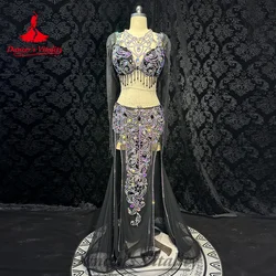 Bellydance Costume Senior AB Stones Bra+cotton Yarn Long Skirt 2pcs for Women Customzied Oriental Belly Dancing Wear Suit