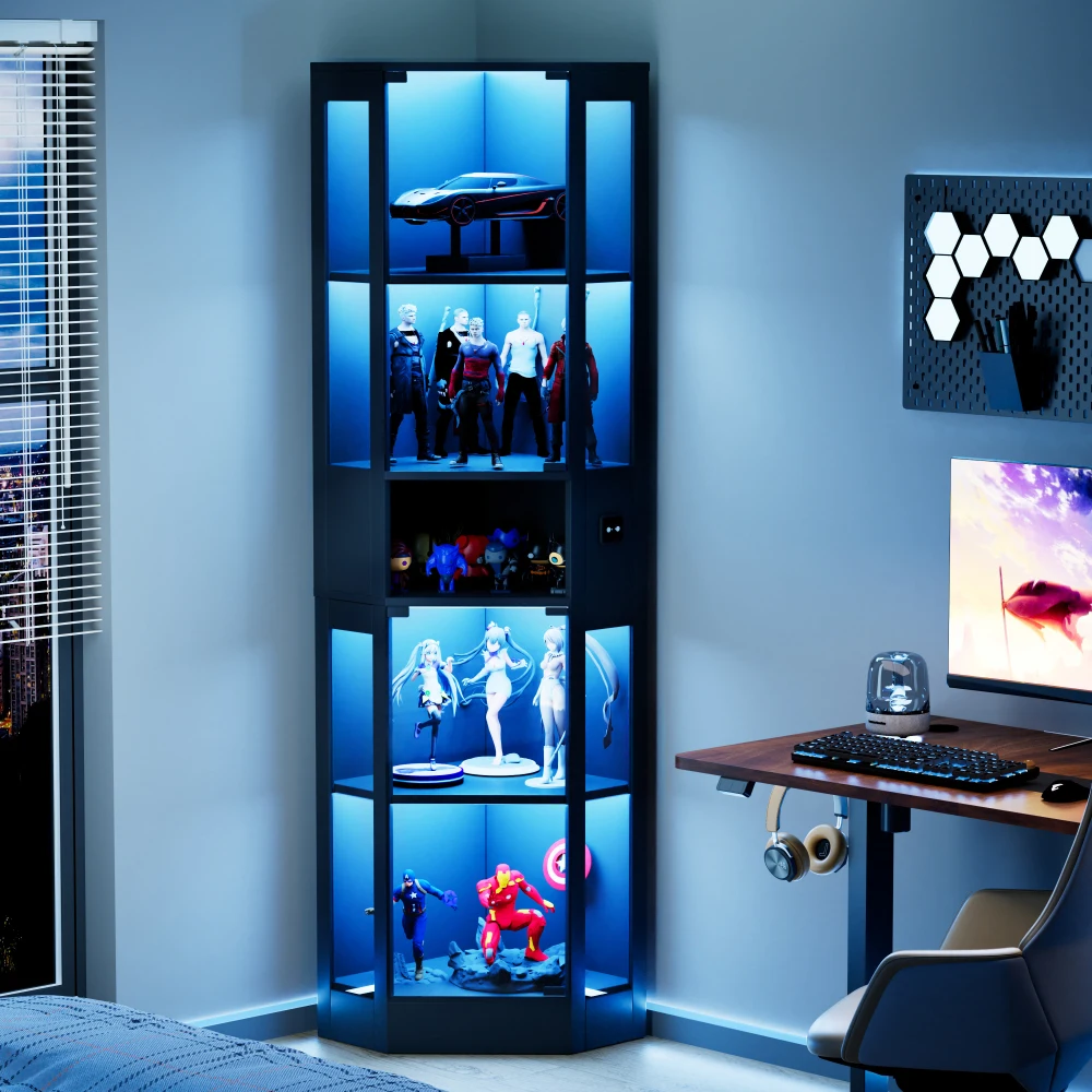 Vitrine moderne à 5 niveaux en verre, vitrine avec éclairage LED et porte en verre, armoire de rangement multicouche, étagère de présentation anti-poussière