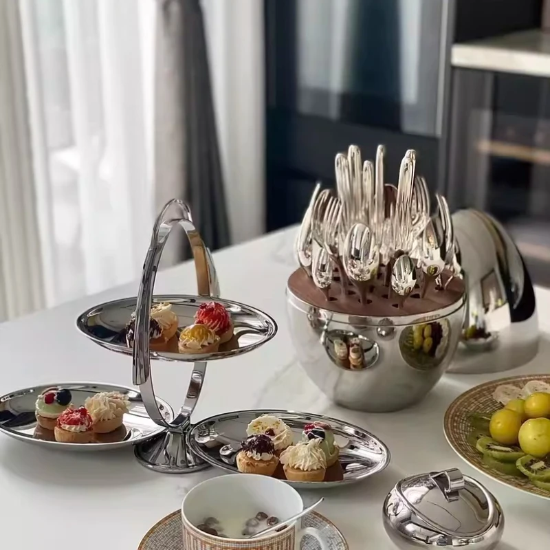 

Nordic 3 Layers Dessert Tray Foldable Stainless Steel Cake Stand Luxury Serving Platter for Pastries Modern Home Display Tray