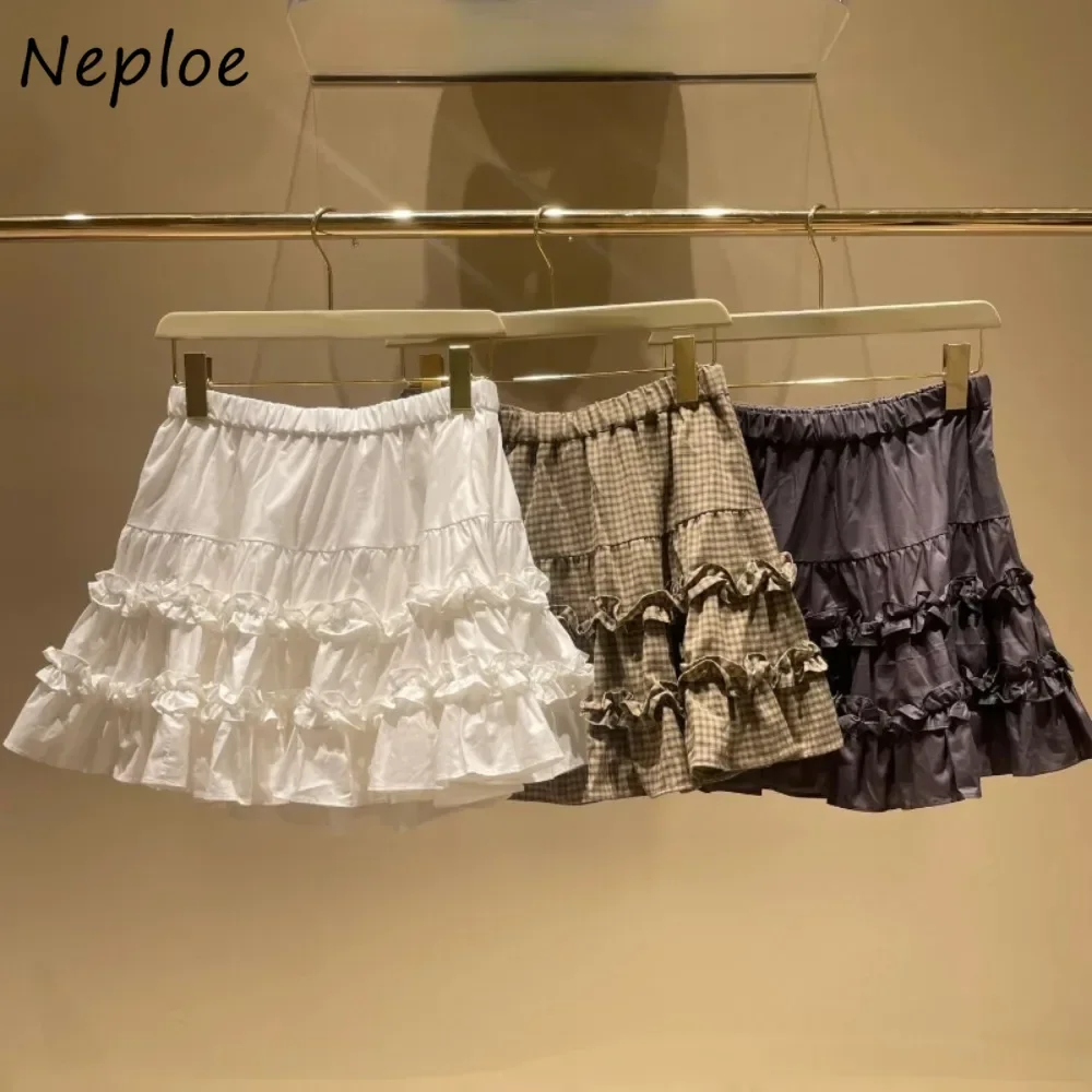 Neploe Casual High Waist A-line Ruched Literary Skirt Pleated All-match Fungus Patchwork Falda Japan Cake Feminine Mujer Falda