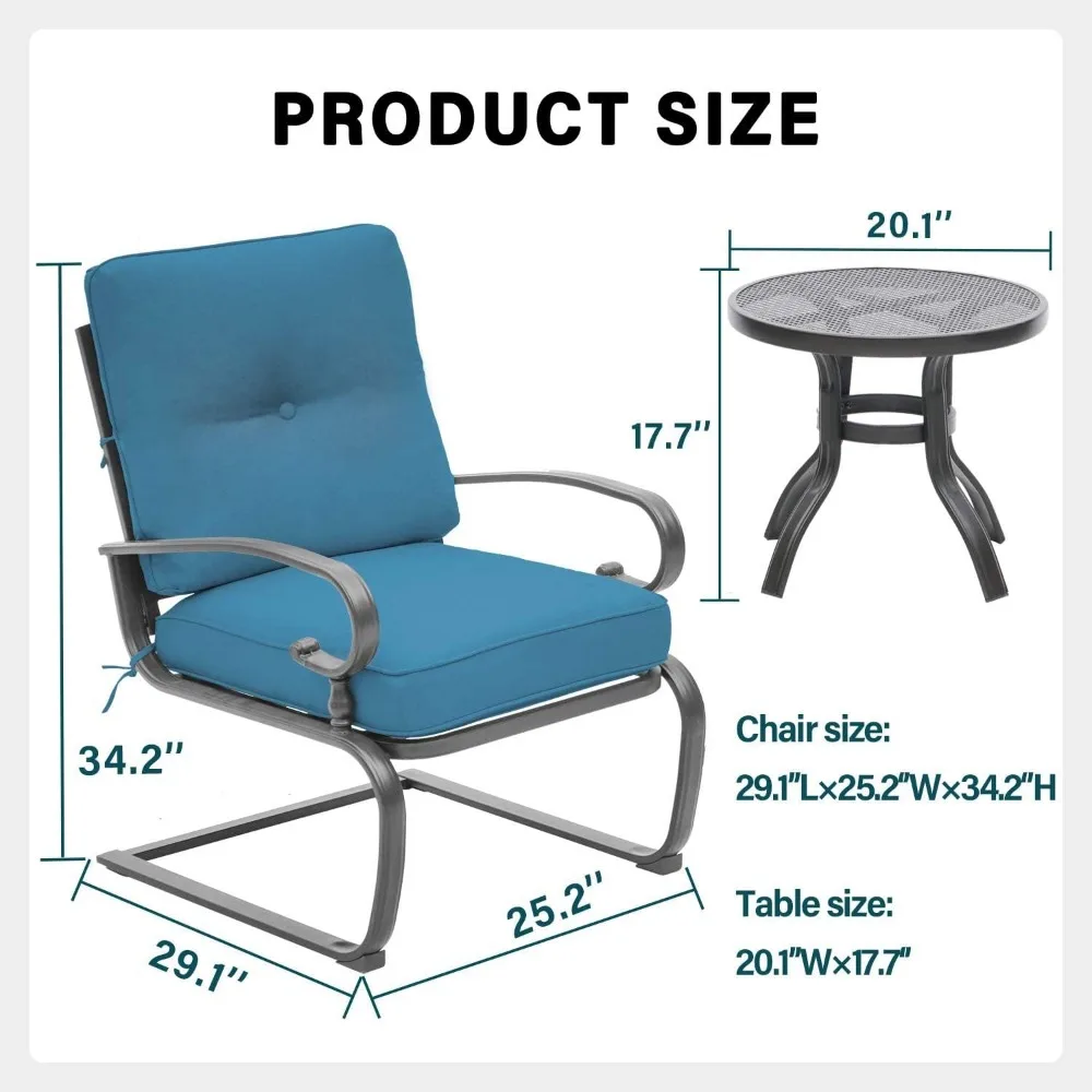 Juego de bistró para Patio exterior de 3 piezas, sillas con movimiento de resorte y mesa redonda para cafetería, juego de muebles de conversación con estructura de acero y cojines