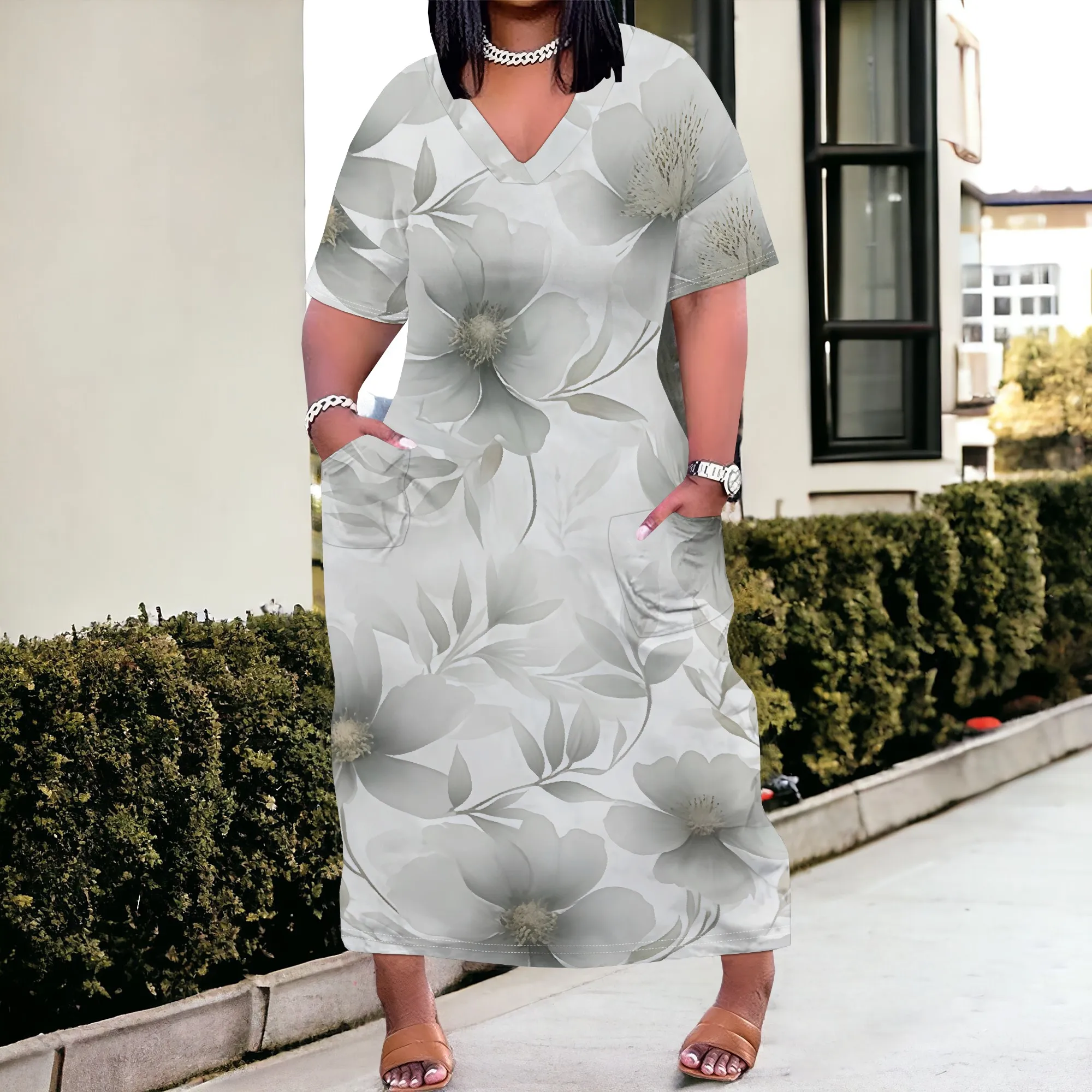 

"Elegant Floral Print Dress, V-neck Casual Long Dress for Spring & Summer, XL-6XL Sizes"