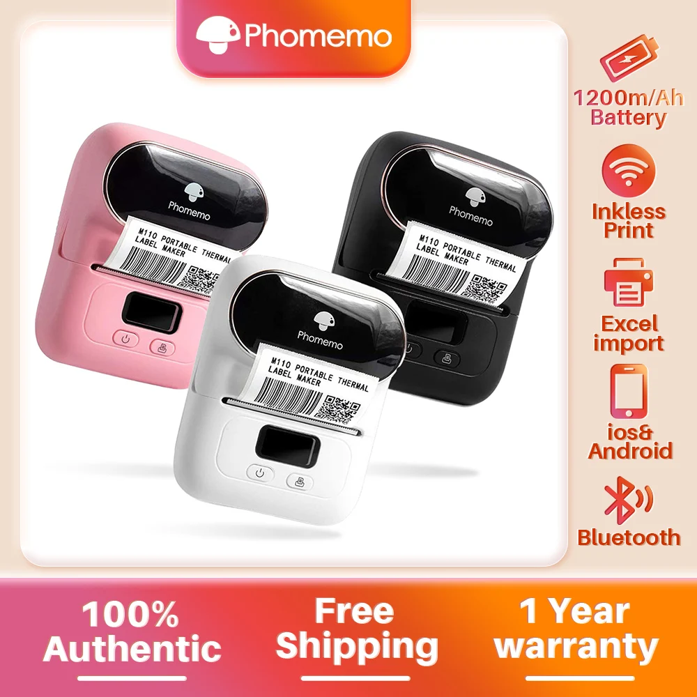 Phomemo M110 Self-Adhesive Label Maker Mini Printer Wireless Portable Phone Sticker Printer Machine for Cloth Jewelry Price Tag