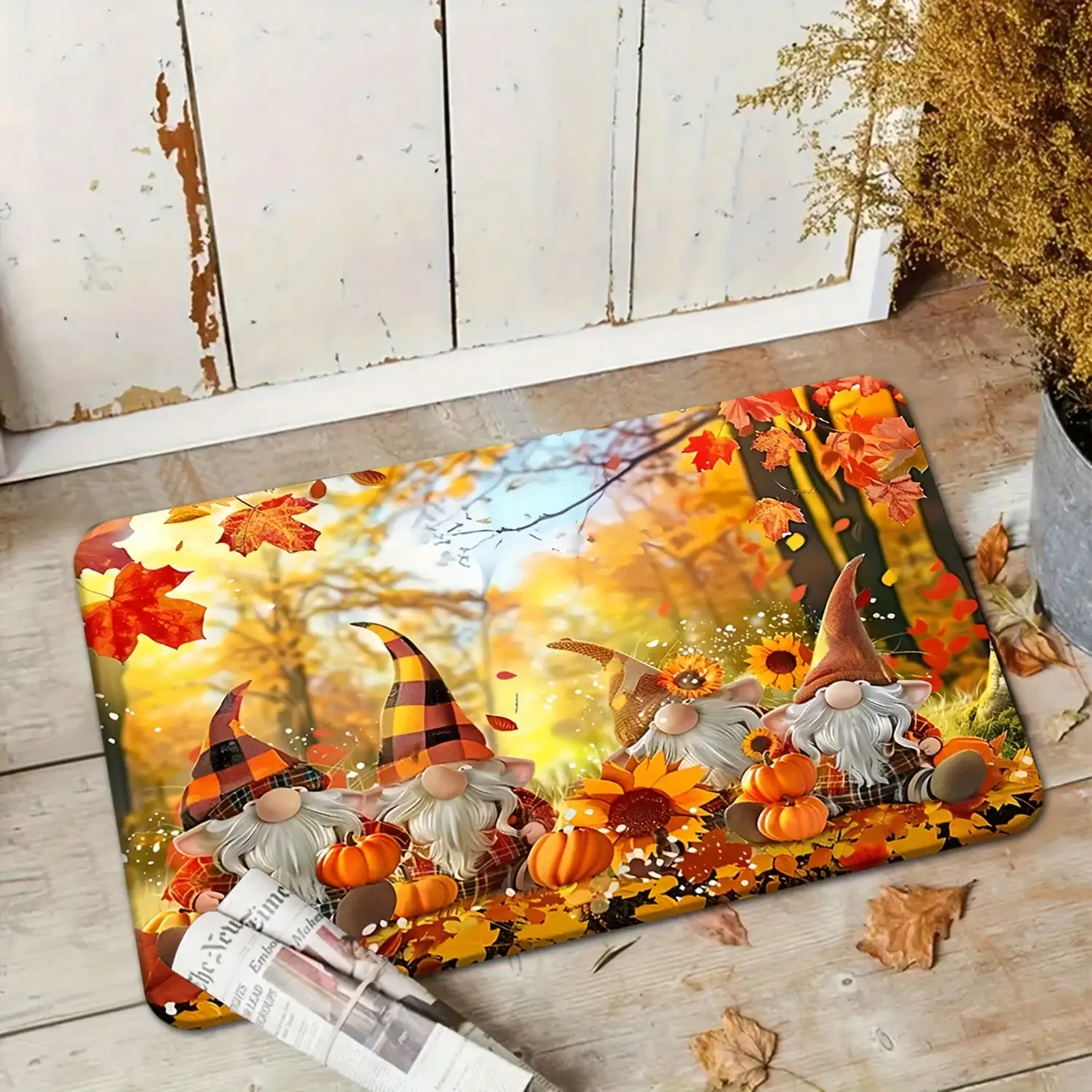1pc Ultra Soft Flannel Material Non-Slip Mat, Vibrant Thanksgiving Harvest Day Pumpkin And Autumn Leaves Doormat, Machine Washable Fade-Resistant, Suitable For