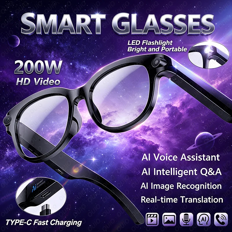 

Новые умные очки Al Smart Glasses с воспроизведением музыки, HD-камерой 200W, записью видео, AI-переводом, AI-голосовым помощником, Bluetooth-звонками и функцией солнцезащитных очков.