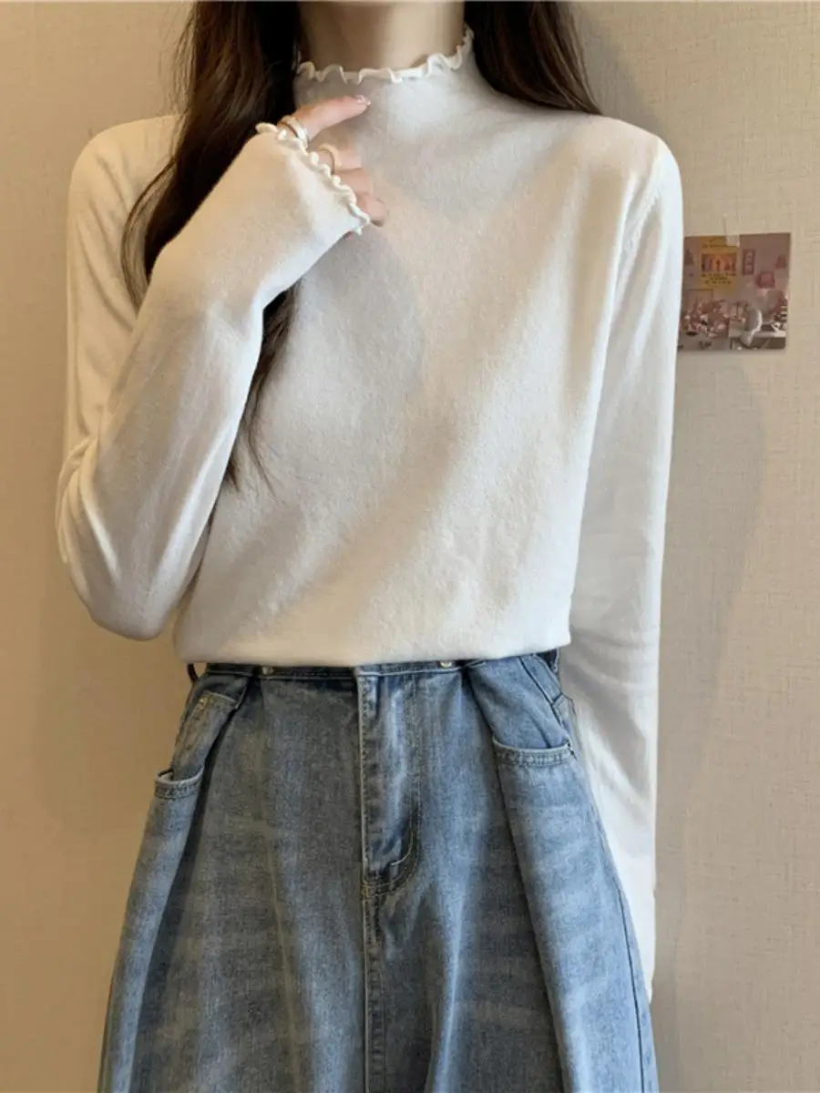 

Осенний корейский вязаный базовый топ с высоким воротником и деревянной застежкой для студенток, модный трендовый женский лонгслив с длинным рукавом