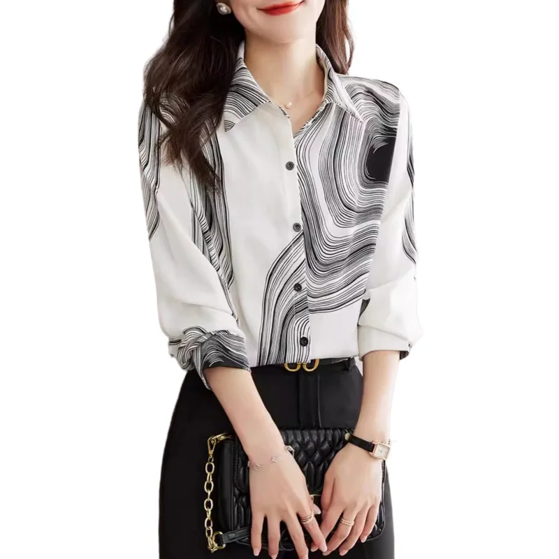 Women's Spring Autumn Western-style Shirt Printed Chiffon Shirt Black White Shirt Design Niche Fashion Shirt Long-sleeved Top