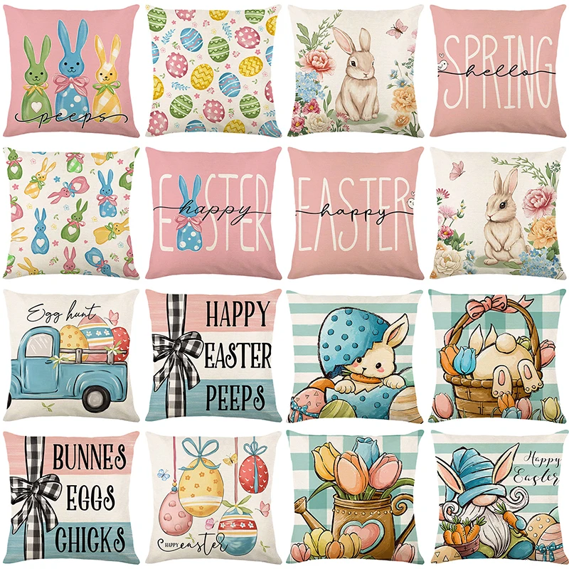 

2024 Easter Decorations Pillow Cover Cute Bunny Eggs Linen Pillow Case Easter Bunnies Print Cushion Cover Home Decor Pillowslips