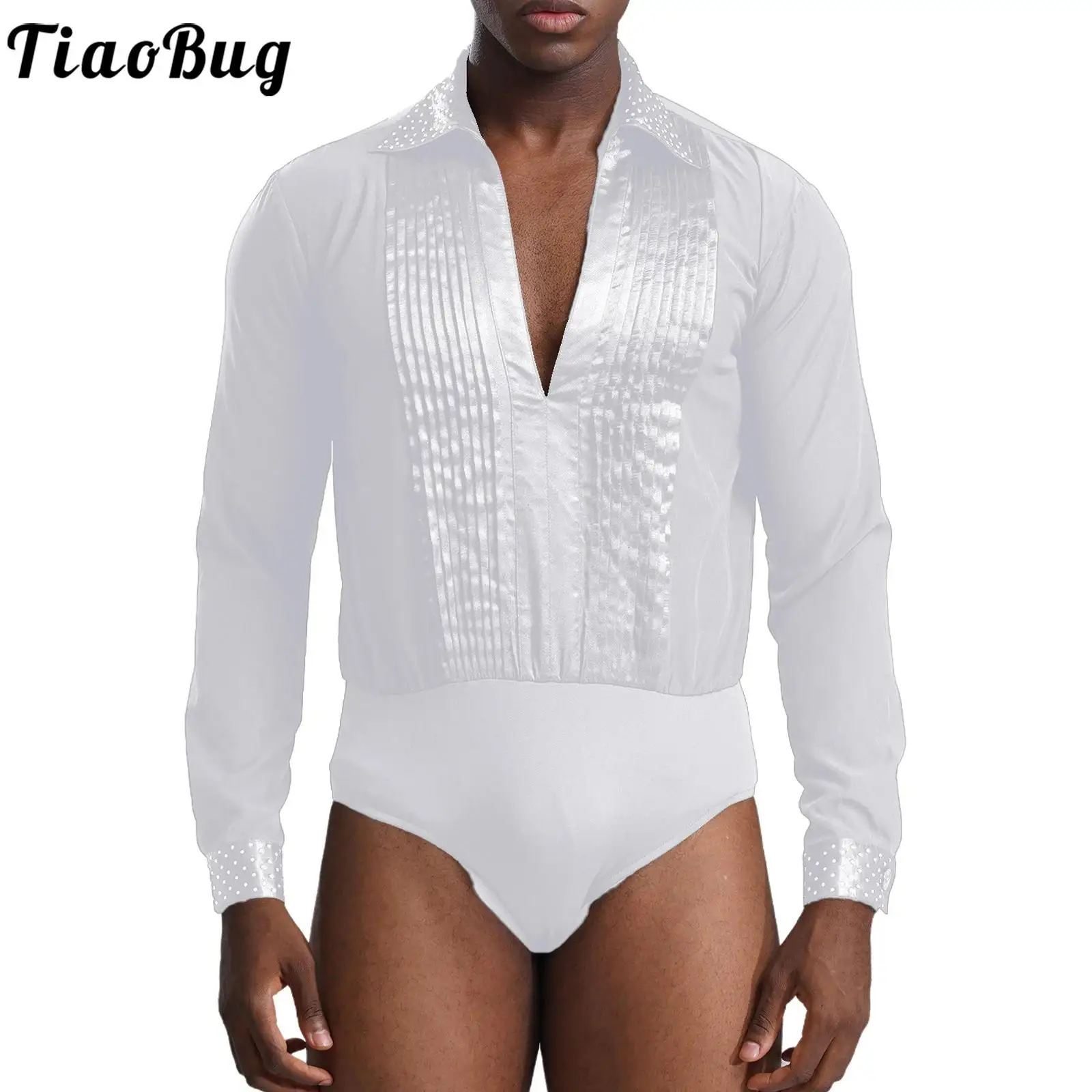 Men Jazz Latin Ballroom Dance Bodysuit Shirts for Competition Performance Costume Dancewear Tops Long Sleeve Pleated Bodysuit