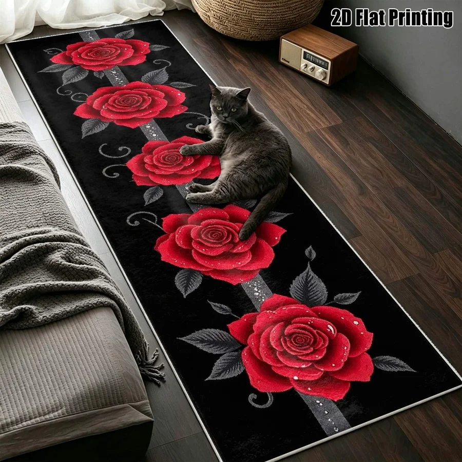 1Pc Red Rose Black Patterned Long Carpet, American Retro Style Carpet, Suitable for Bedroom, Living Room, Hallway, Entrance, Bathroom, Bedside, Home Decoration