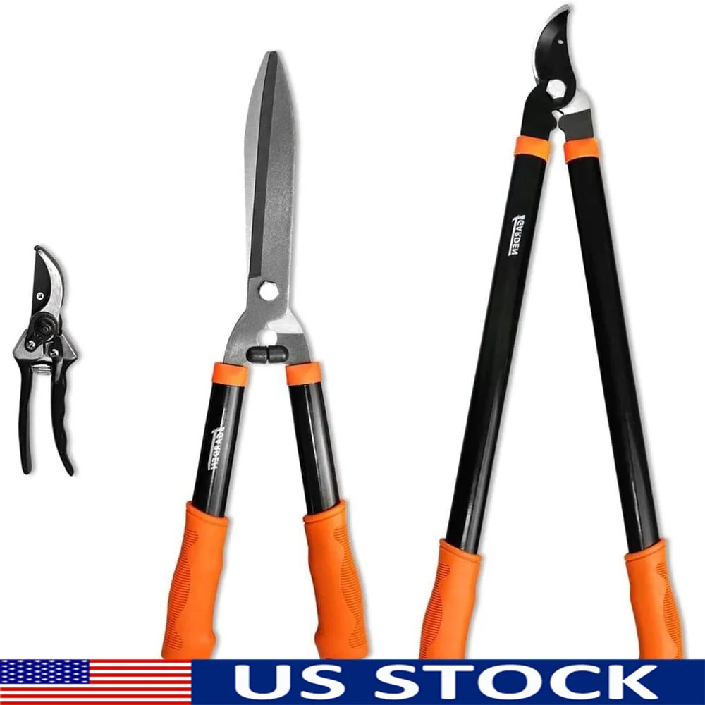 

3 Piece Garden Tools Set Bypass Lopper Pruning Shears Hedge Shears Heavy Duty Stainless Steel Sharp Blades Comfortable Handles