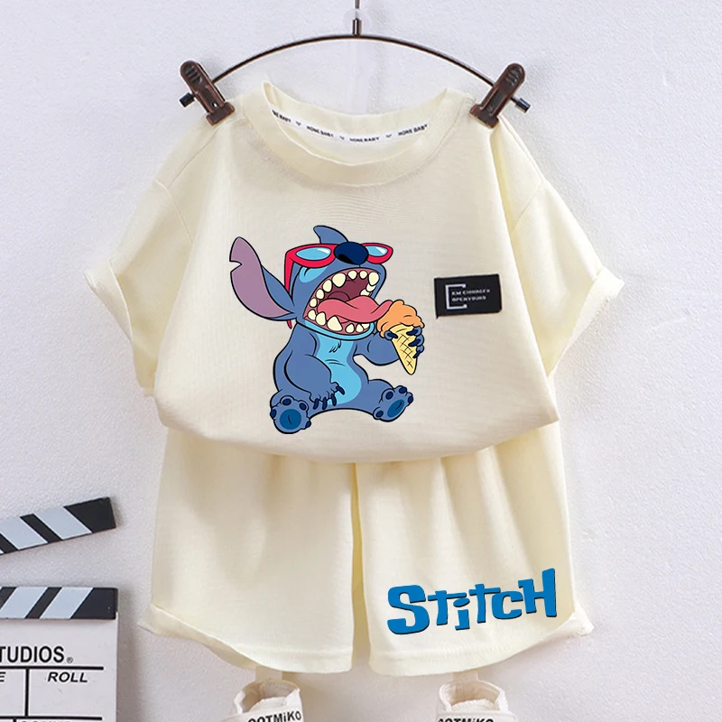 New Cute Lilo Stitch Children T-Shirt Shorts Set Boys Girls Disney Cartoon Printed Short Sleeves Tops Summer 2024 Kids Clothes