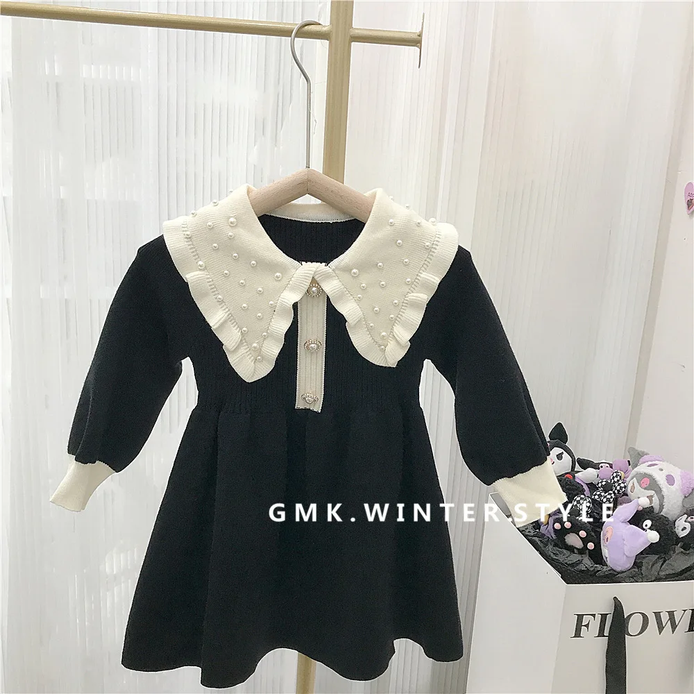 Girls Autumn Dress 2024 New Childrens Knitted Woolen Dress Childrens Baby Princess Dress Kids Clothes