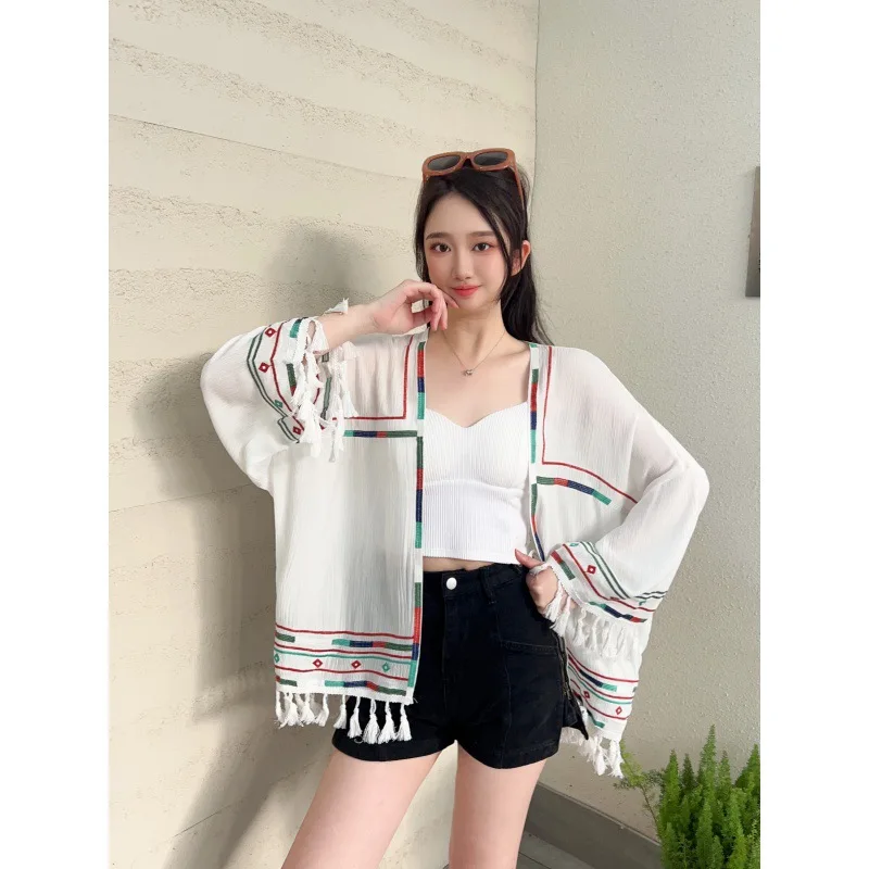 Spring and Summer Thin Cardigan Vintage Ethnic Style Sunscreen Tops Embroidered Tassel Cardigan Black White Available