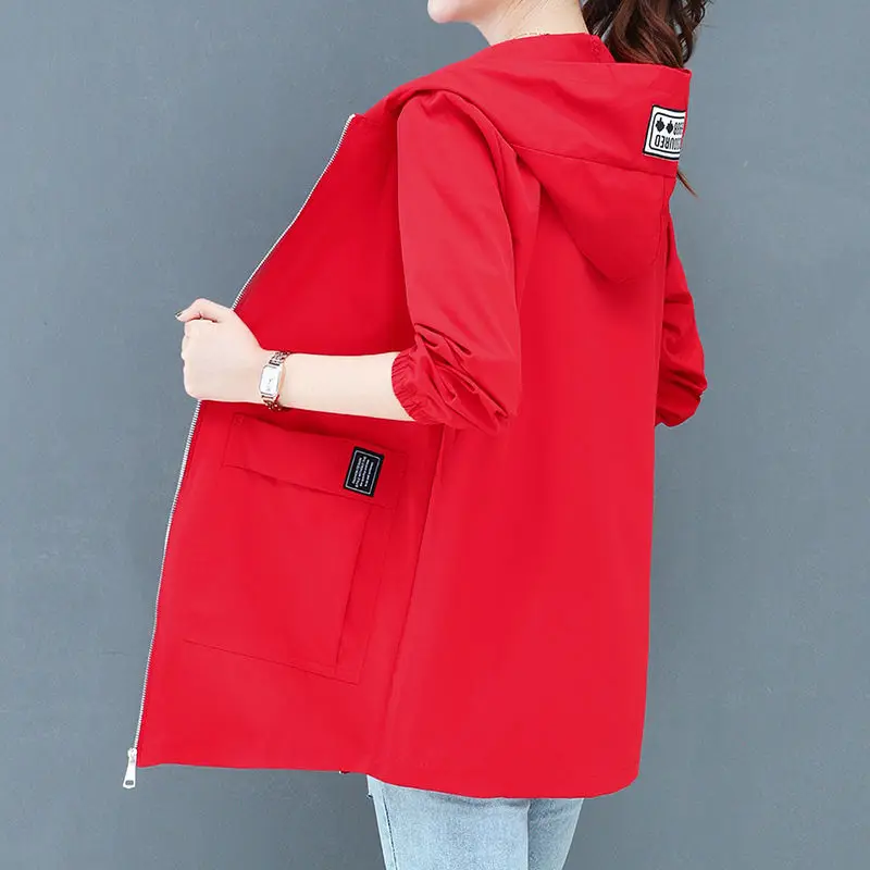 Chaqueta cortavientos de longitud media para mujer, abrigo holgado de gran tamaño con capucha y cremallera, color liso, a la moda, para Primavera, Chaquetas para mujer Ropa de mujer Chaqueta de plumón Chaqueta de doble